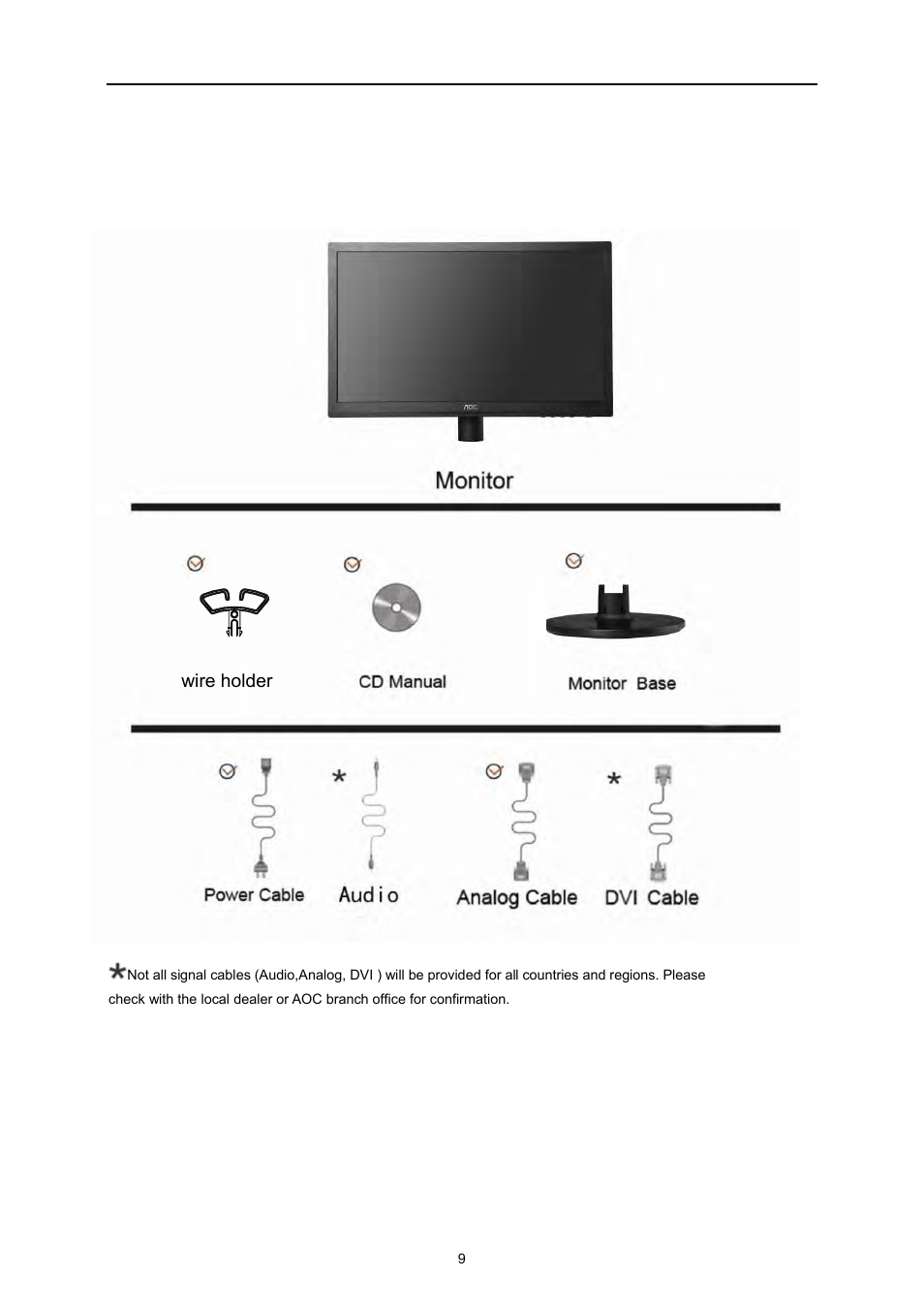 Setup, Contents in box | AOC e2260Swda User Manual | Page 9 / 61
