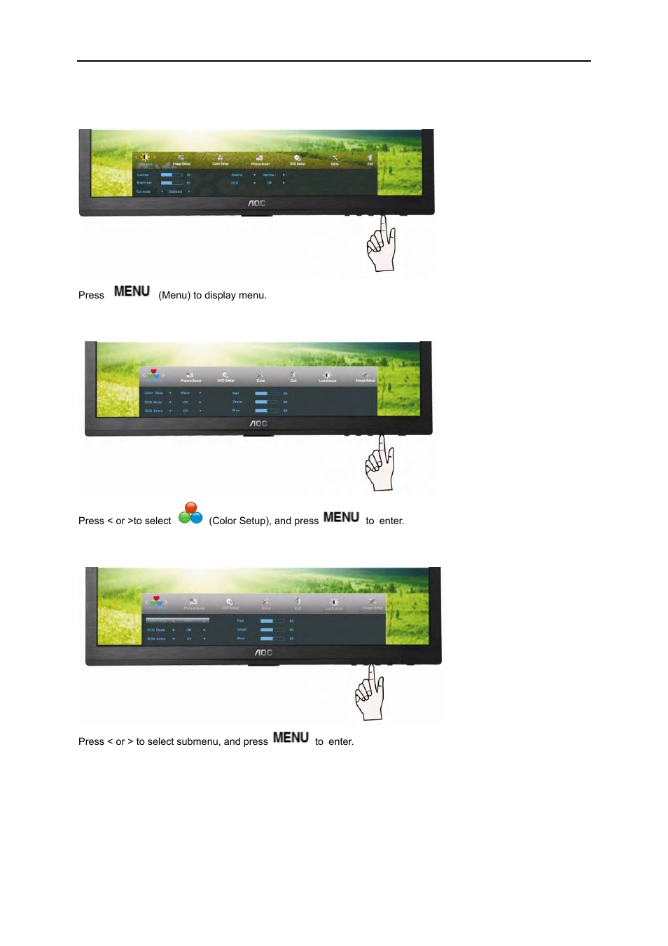 Color setup | AOC e2260Swdn-TAA User Manual | Page 24 / 60