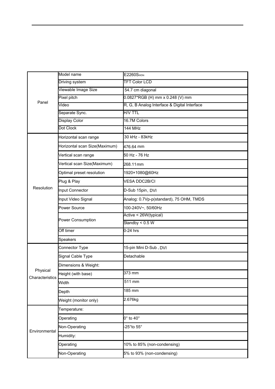 Specification, General specification | AOC e2260Swdn-TAA User Manual | Page 50 / 60