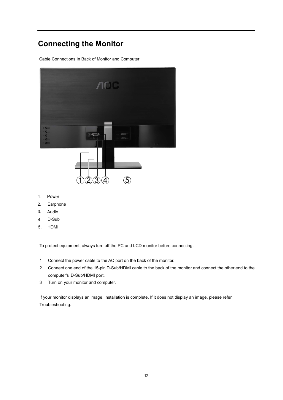 Connecting the monitor | AOC i2267Fw User Manual | Page 12 / 66