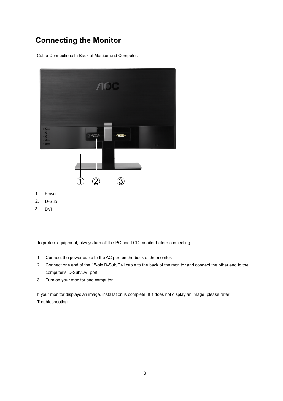 Connecting the monitor | AOC i2267Fw User Manual | Page 13 / 66