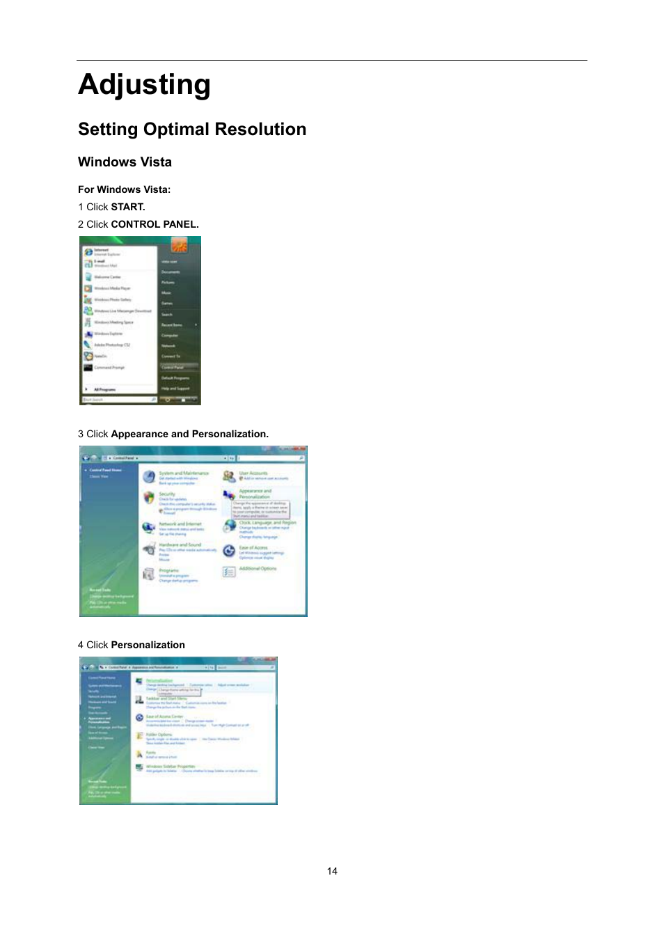 Adjusting, Setting optimal resolution, Windows vista | Windows xp | AOC i2267Fw User Manual | Page 14 / 66