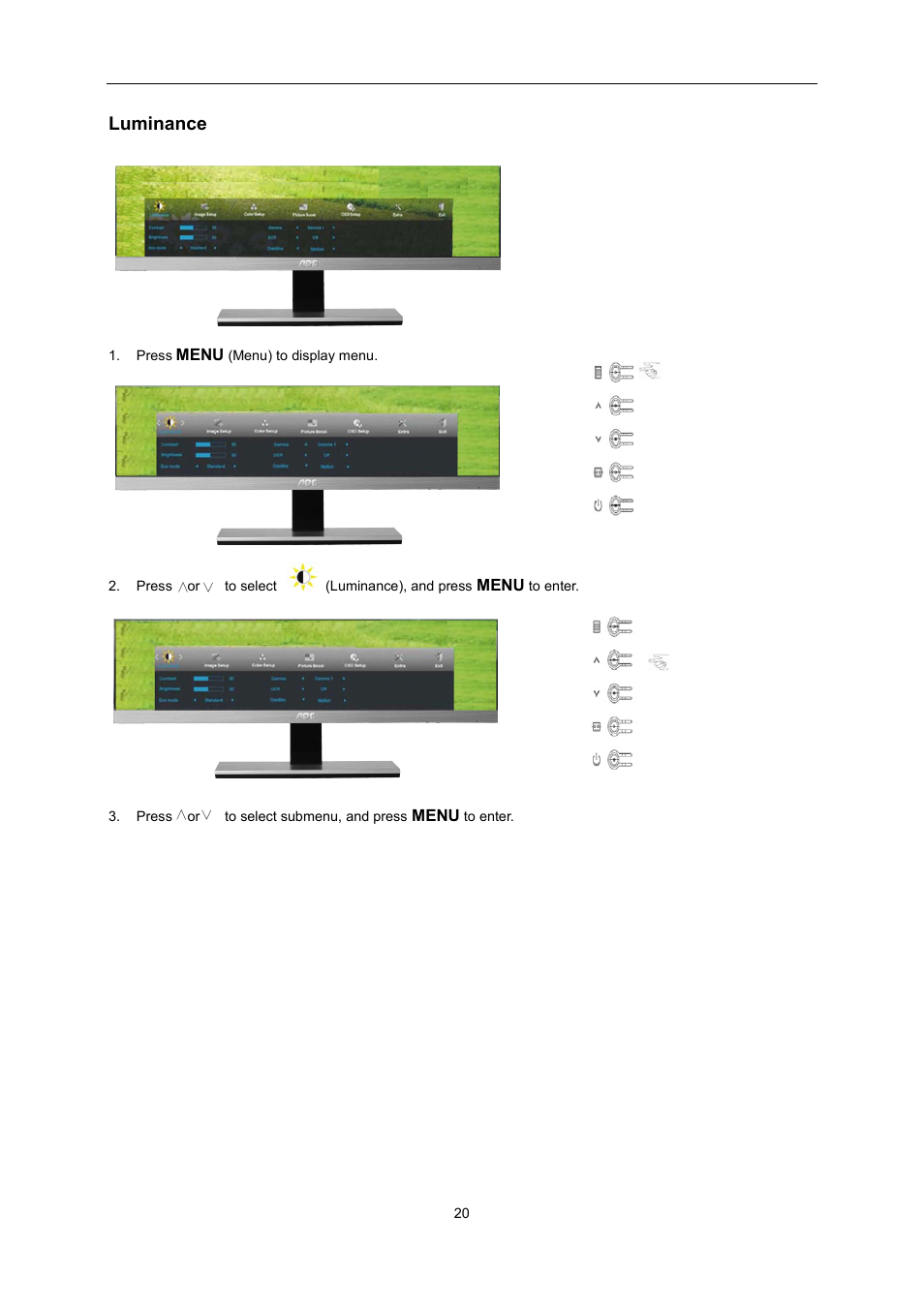 Luminance, Image setup | AOC i2267Fw User Manual | Page 20 / 66