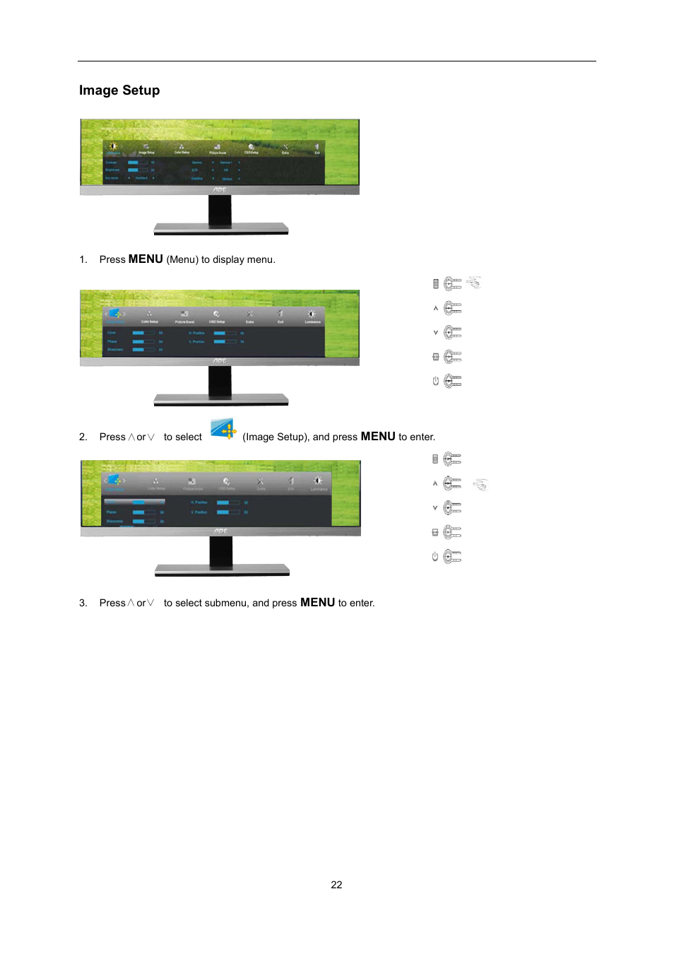 Image setup, Color setup | AOC i2267Fw User Manual | Page 22 / 66