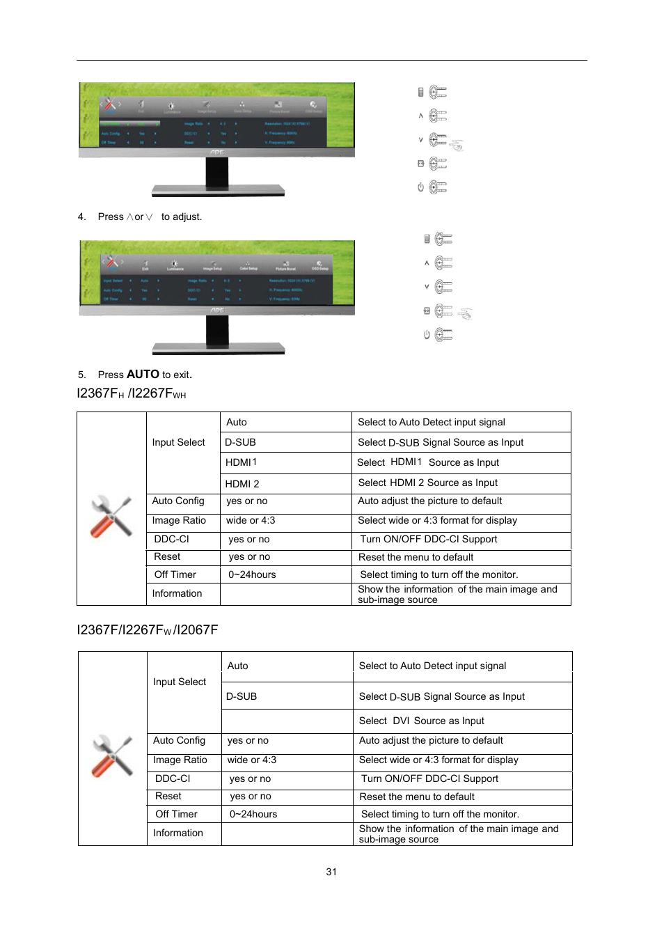 I2367f, I2267f, I2067f | AOC i2267Fw User Manual | Page 31 / 66