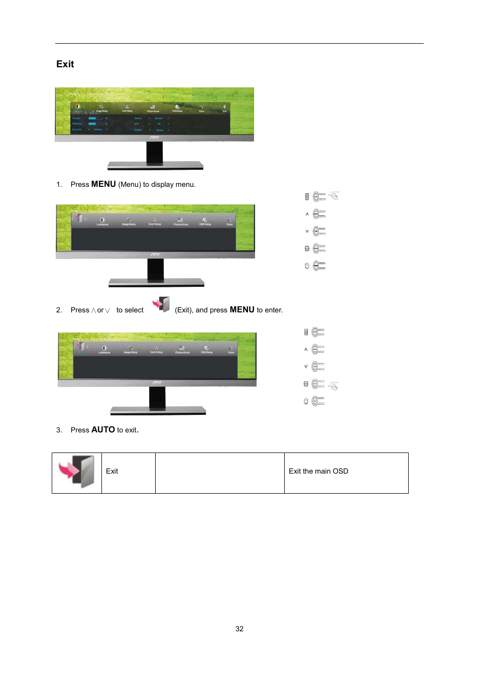 Exit, D indicator | AOC i2267Fw User Manual | Page 32 / 66