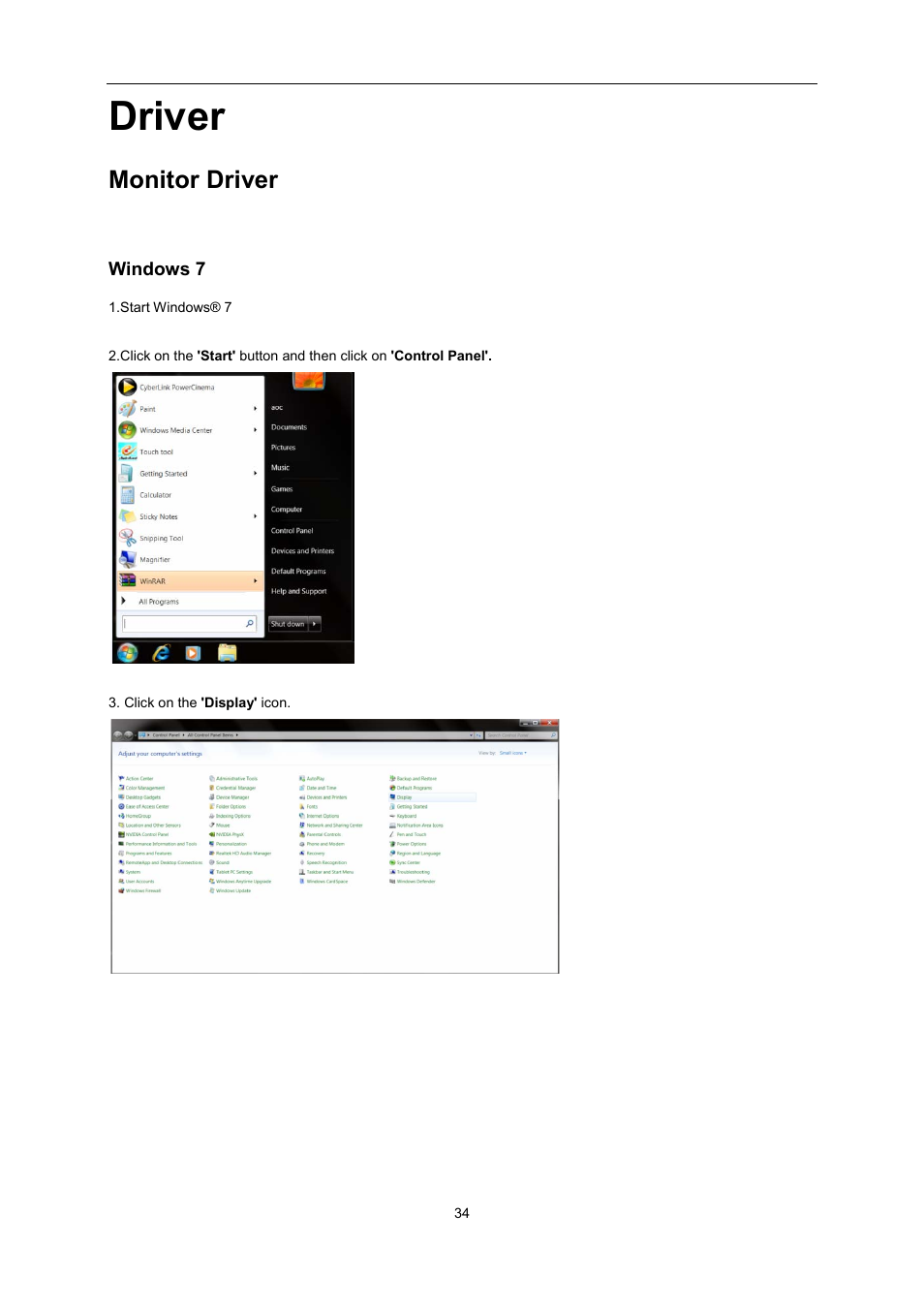 Driver, Monitor driver, Windows 7 | Windows vista | AOC i2267Fw User Manual | Page 34 / 66