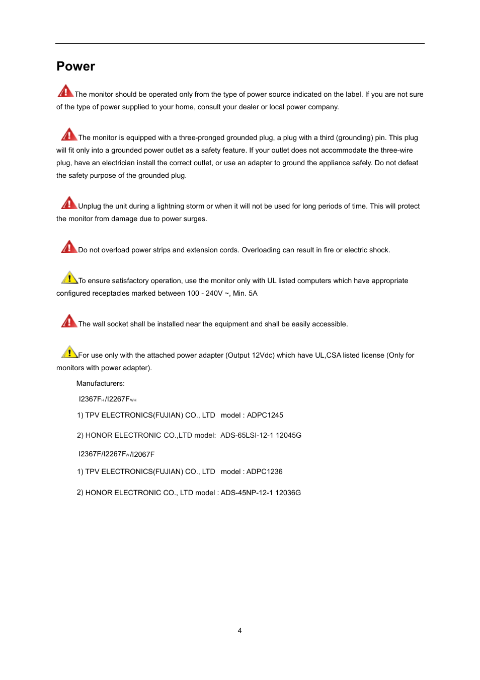 Power | AOC i2267Fw User Manual | Page 4 / 66