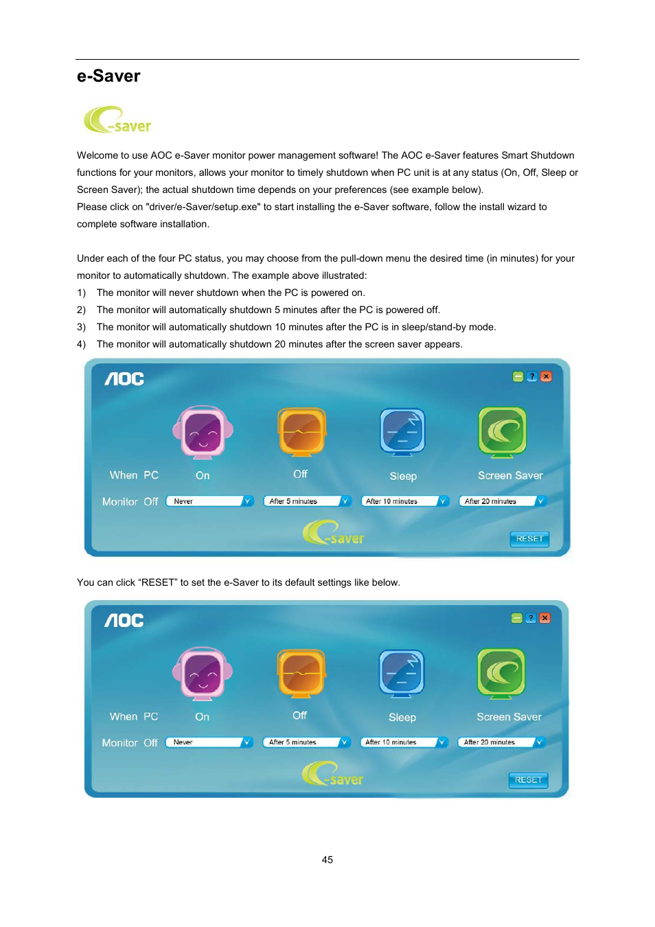 E-saver, Screen | AOC i2267Fw User Manual | Page 45 / 66