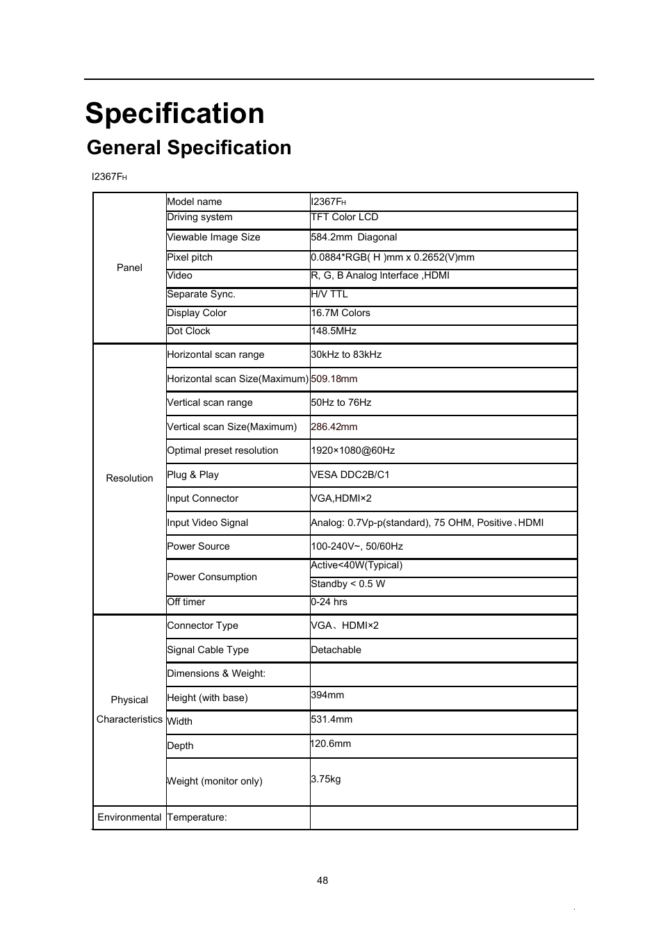 Specification, General specification, Preset display modes | AOC i2267Fw User Manual | Page 48 / 66