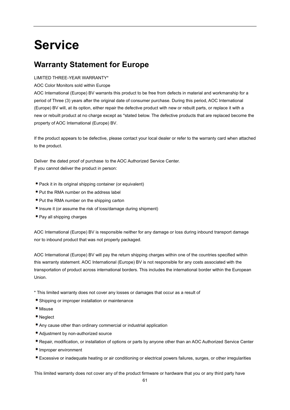 Service, Warranty statement for europe | AOC i2267Fw User Manual | Page 61 / 66