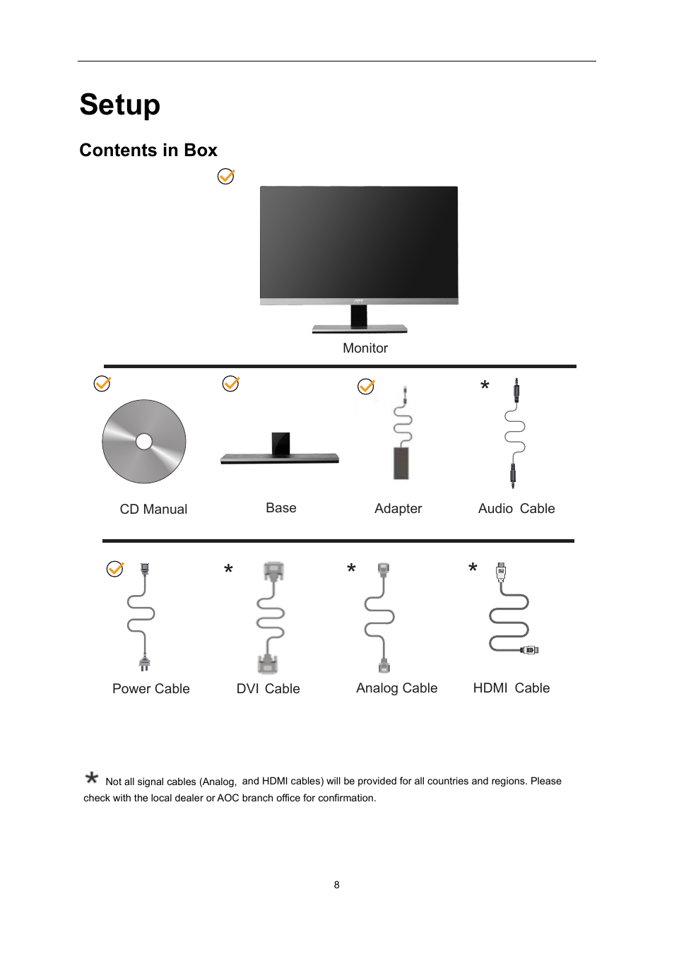 Setup, Contents in box | AOC i2267Fw User Manual | Page 8 / 66