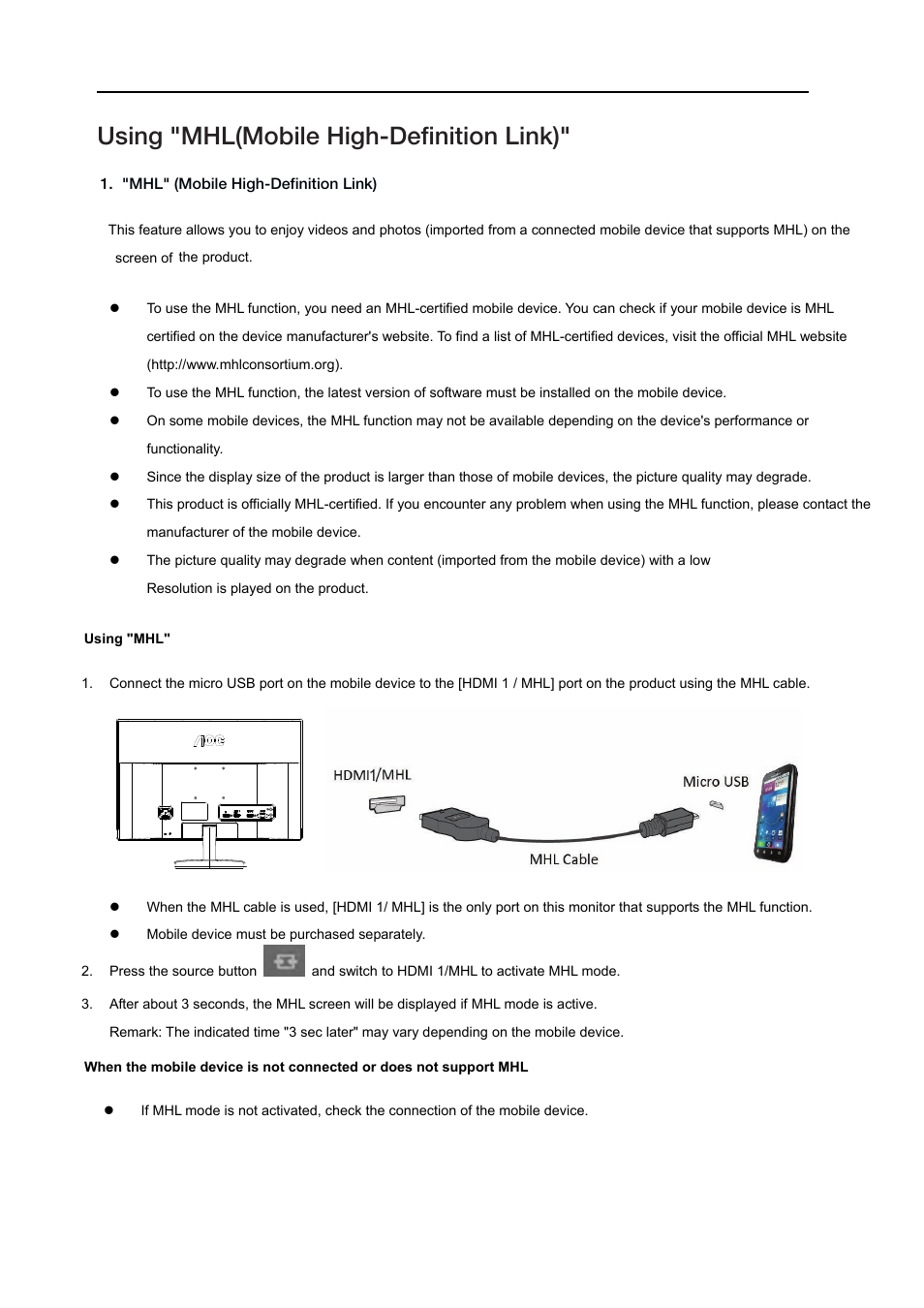 Using"mobile high-defintion link, Using "mhl(mobile high-definition link) | AOC i2769Vm User Manual | Page 21 / 71