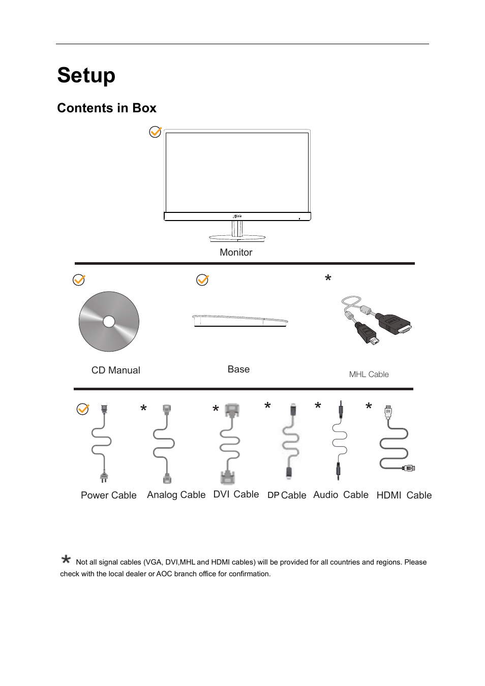 Setup, Contents in box | AOC i2769Vm User Manual | Page 8 / 71