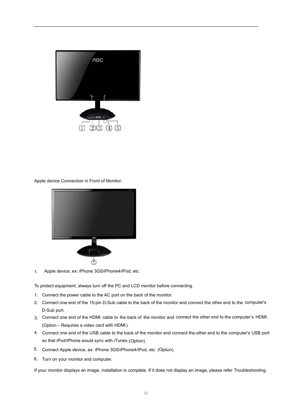 Connecting the monitor, Usting | AOC e2343Fi User Manual | Page 11 / 62