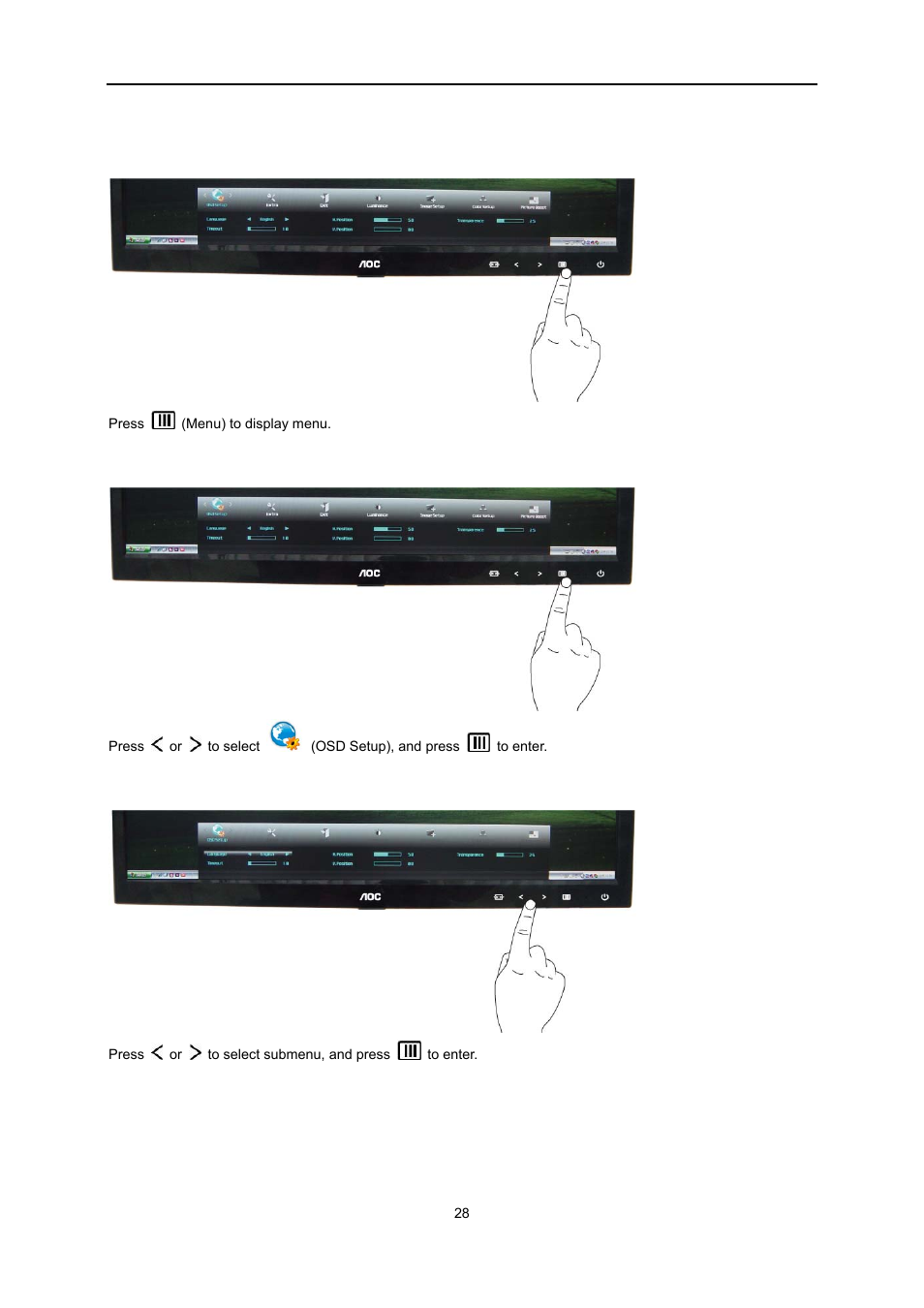 Osd setup | AOC e2351f User Manual | Page 28 / 59