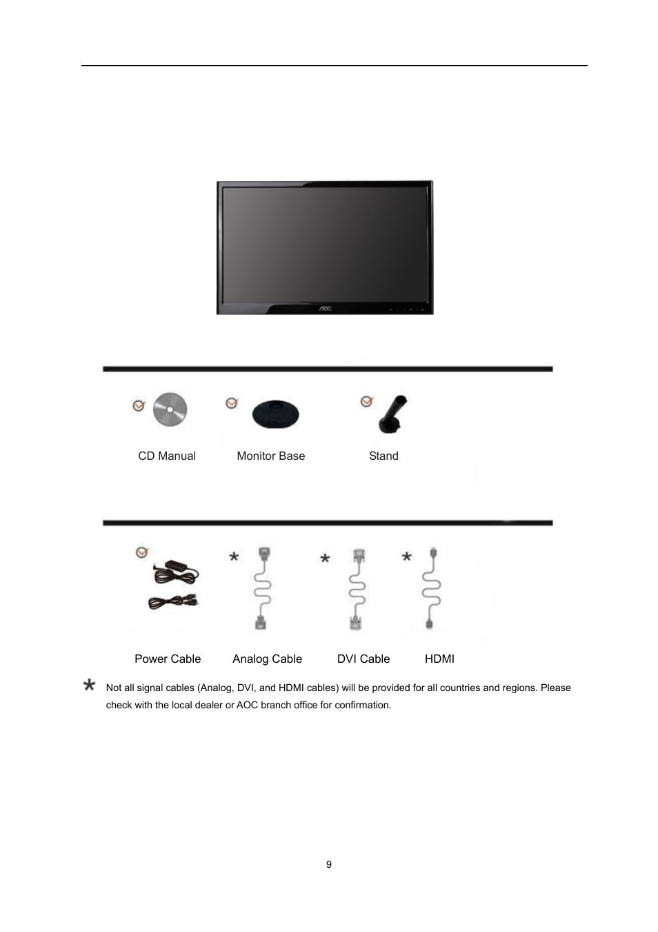 Setup, Contents in box | AOC e2351f User Manual | Page 9 / 59