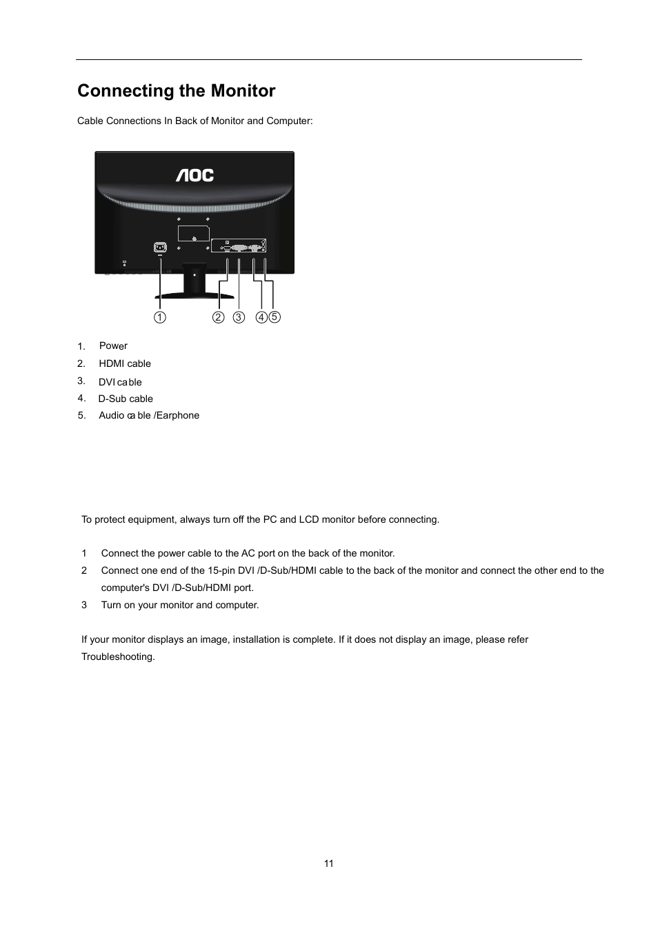 Connecting the monitor | AOC e2352Phz User Manual | Page 11 / 60