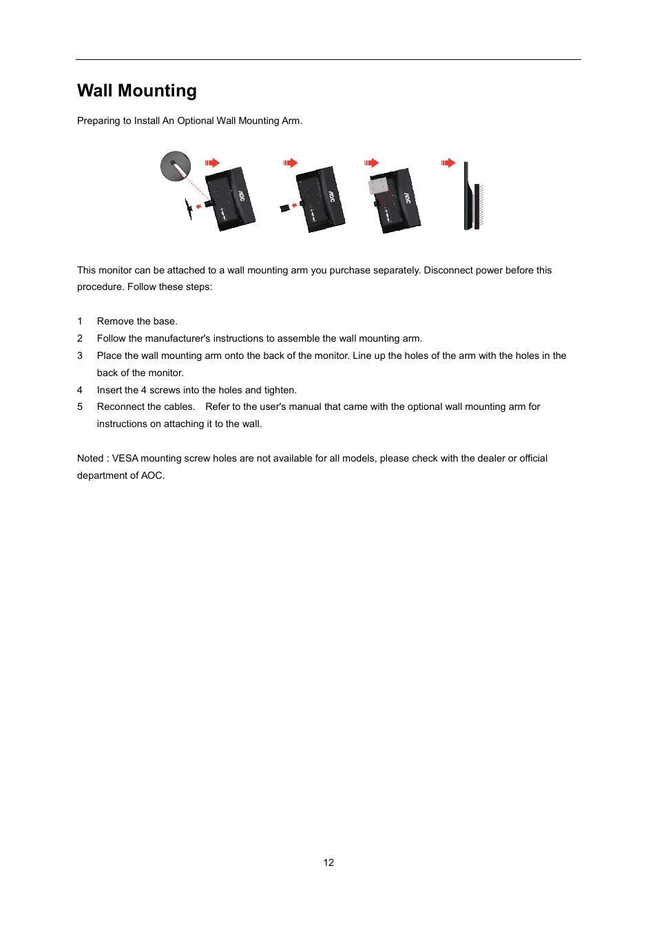 Wall mounting | AOC e2352Phz User Manual | Page 12 / 60