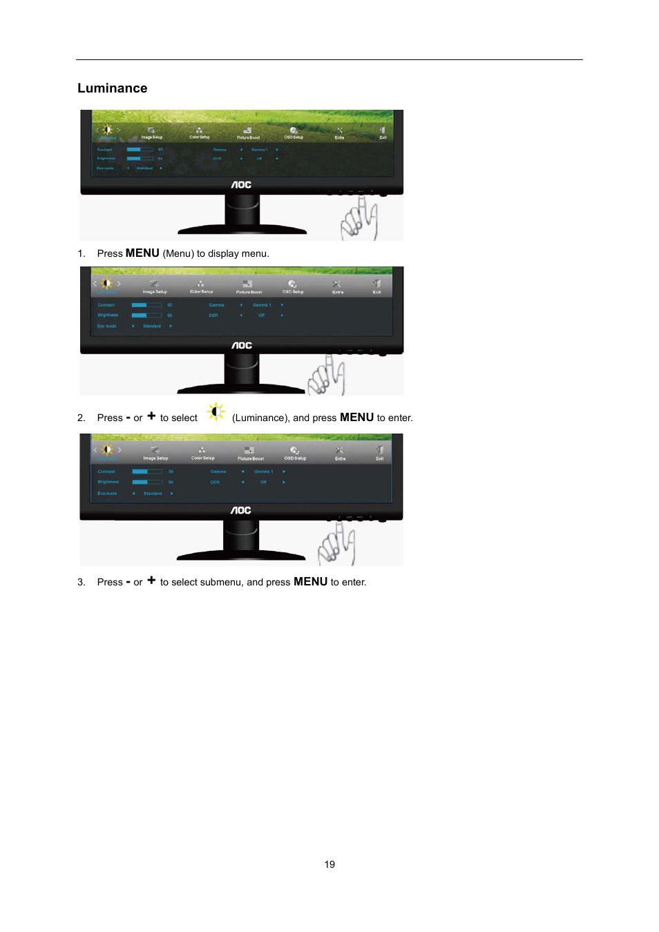 Luminance | AOC e2352Phz User Manual | Page 19 / 60