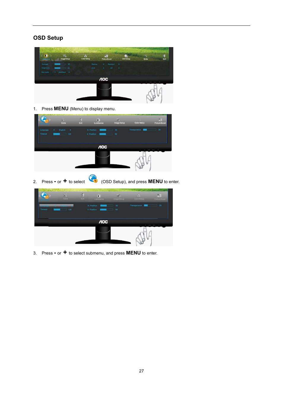 Osd setup | AOC e2352Phz User Manual | Page 27 / 60