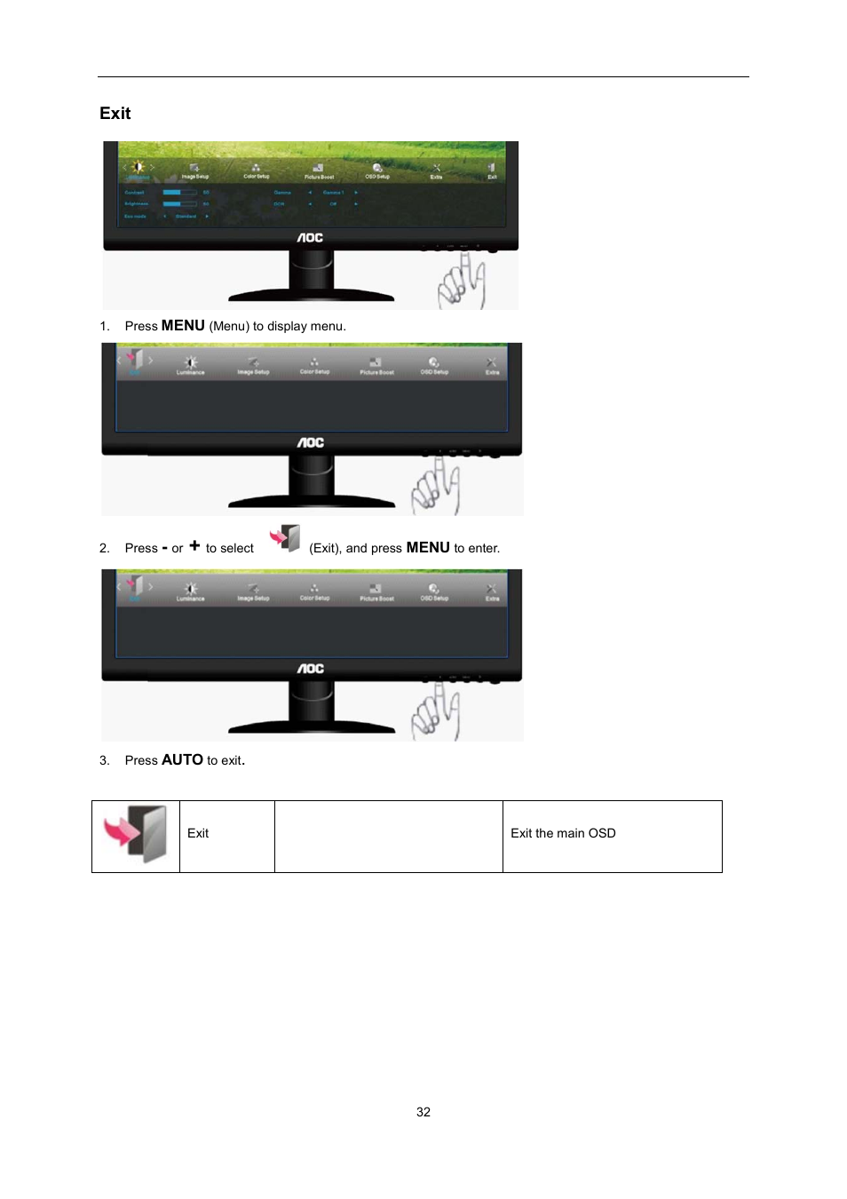 Exit | AOC e2352Phz User Manual | Page 32 / 60