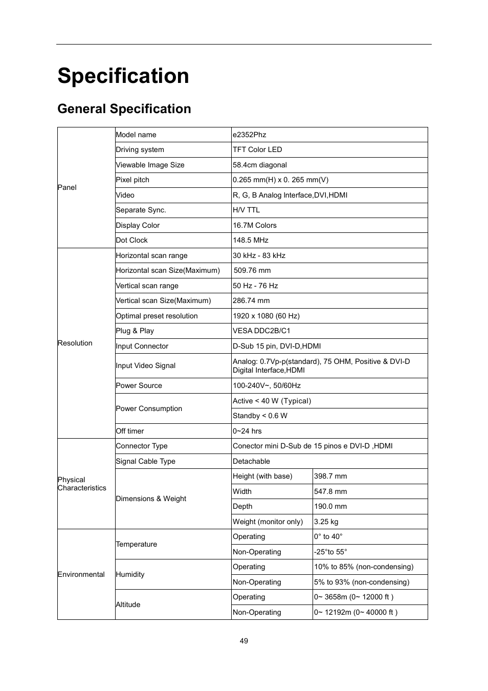 Specification, General specification, Oubleshoot | Tridef 3d | AOC e2352Phz User Manual | Page 50 / 60