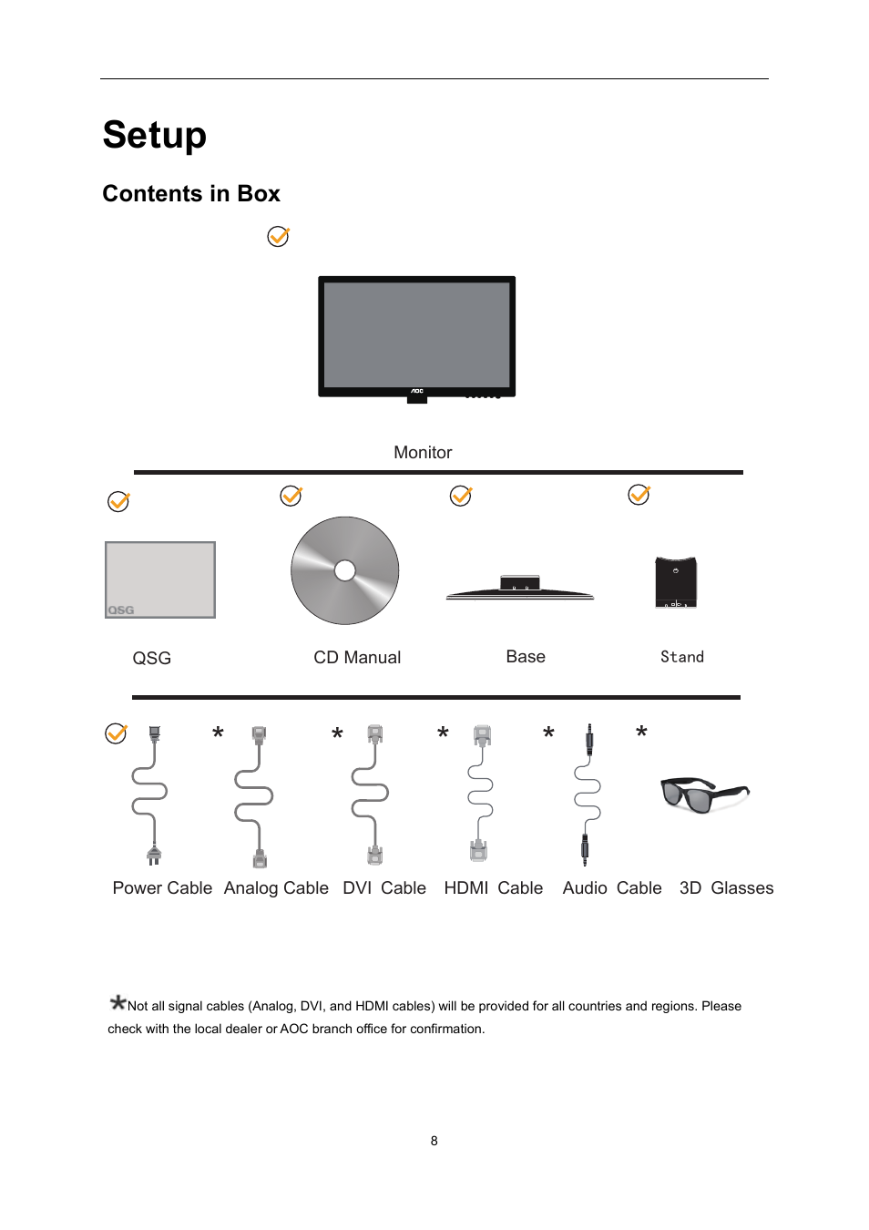 Setup, Contents in box | AOC e2352Phz User Manual | Page 8 / 60