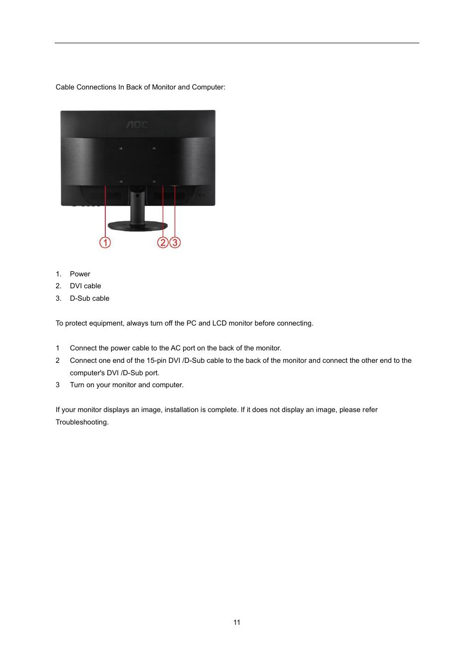 Connecting the monitor | AOC e2360Sd User Manual | Page 11 / 56