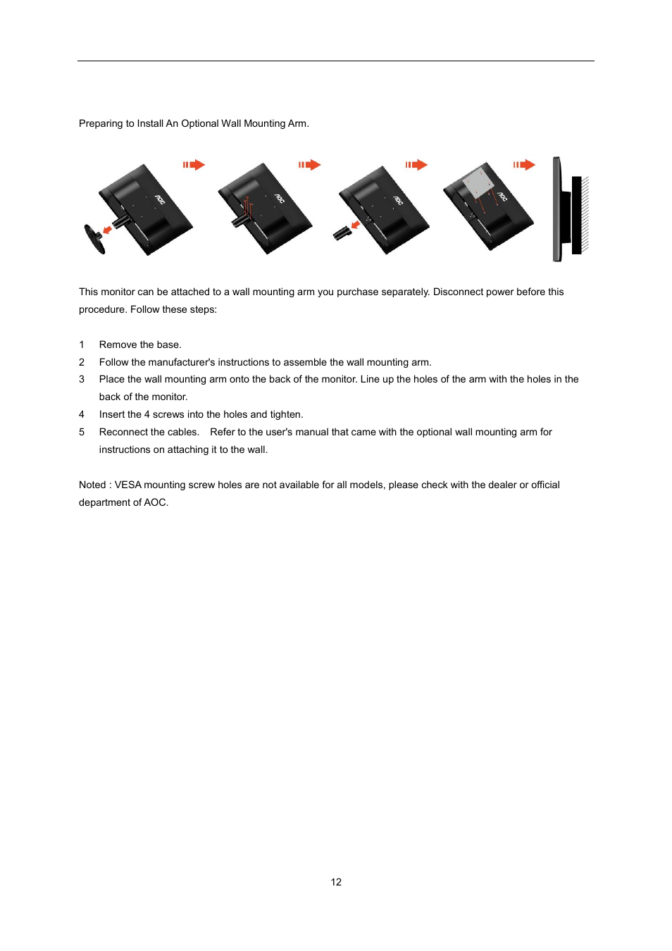 Wall mounting | AOC e2360Sd User Manual | Page 12 / 56