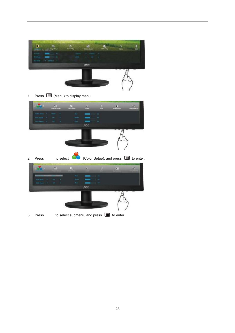 Color setup | AOC e2360Sd User Manual | Page 23 / 56