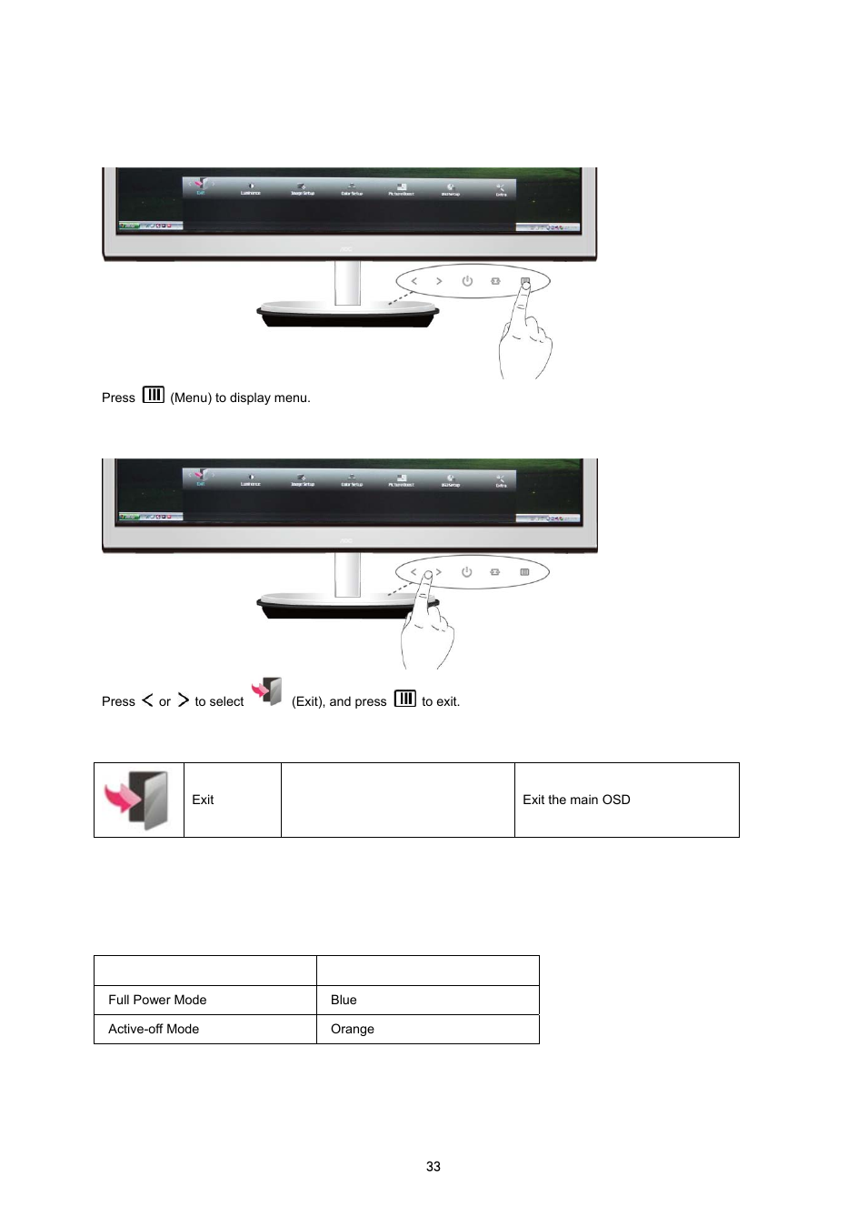 Led indicator, Exit | AOC i2353Ph User Manual | Page 33 / 58