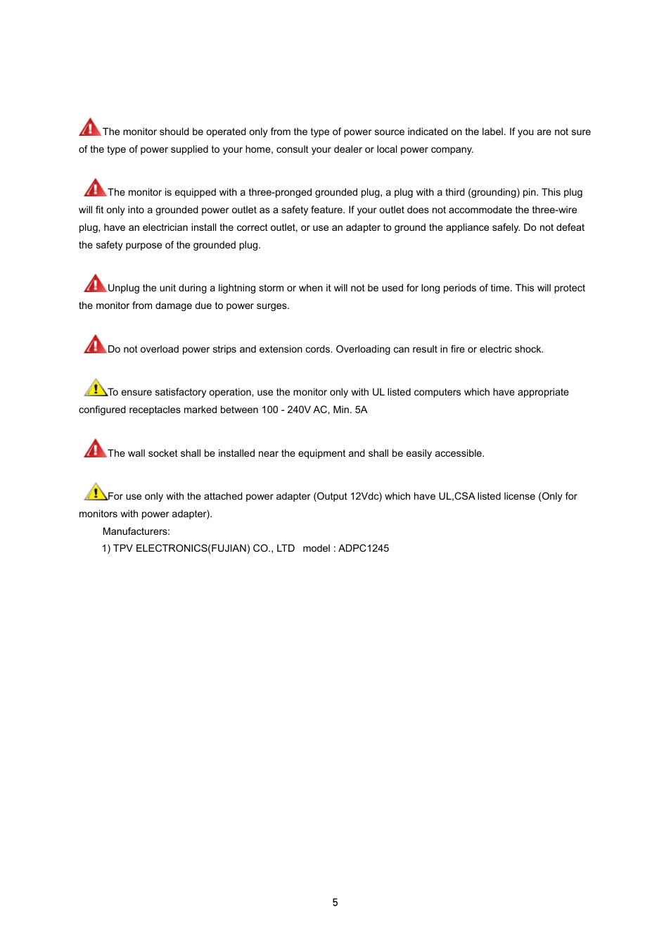 Power | AOC i2353Ph User Manual | Page 5 / 58