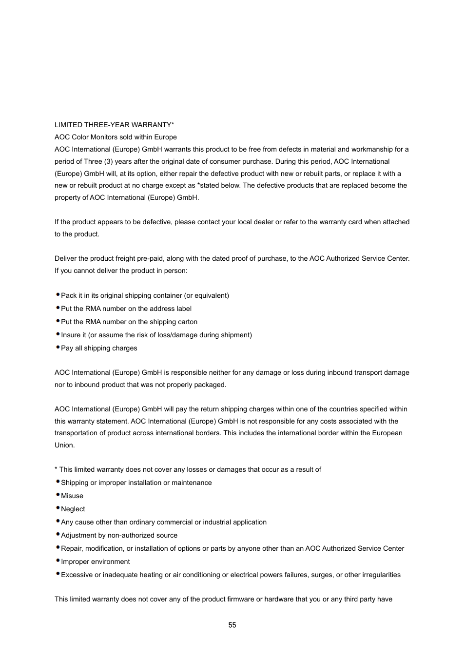 Service, Warranty statement for europe | AOC i2353Ph User Manual | Page 55 / 58