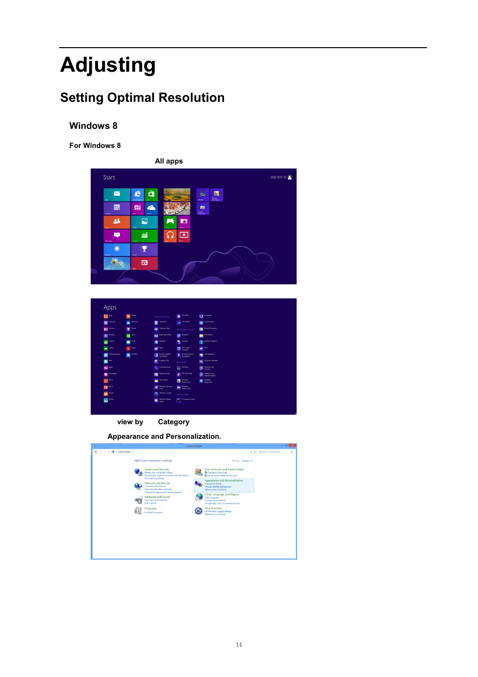 Adjusting, Setting optimal resolution | AOC i2369Vm User Manual | Page 14 / 72