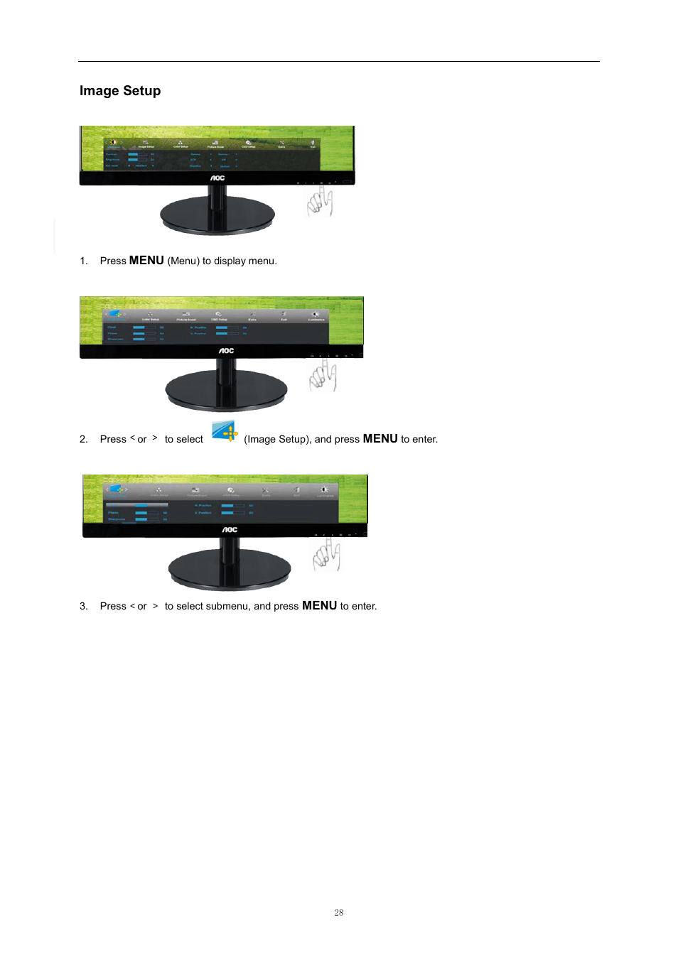 Image setup, Sd setting | AOC i2369Vm User Manual | Page 28 / 72