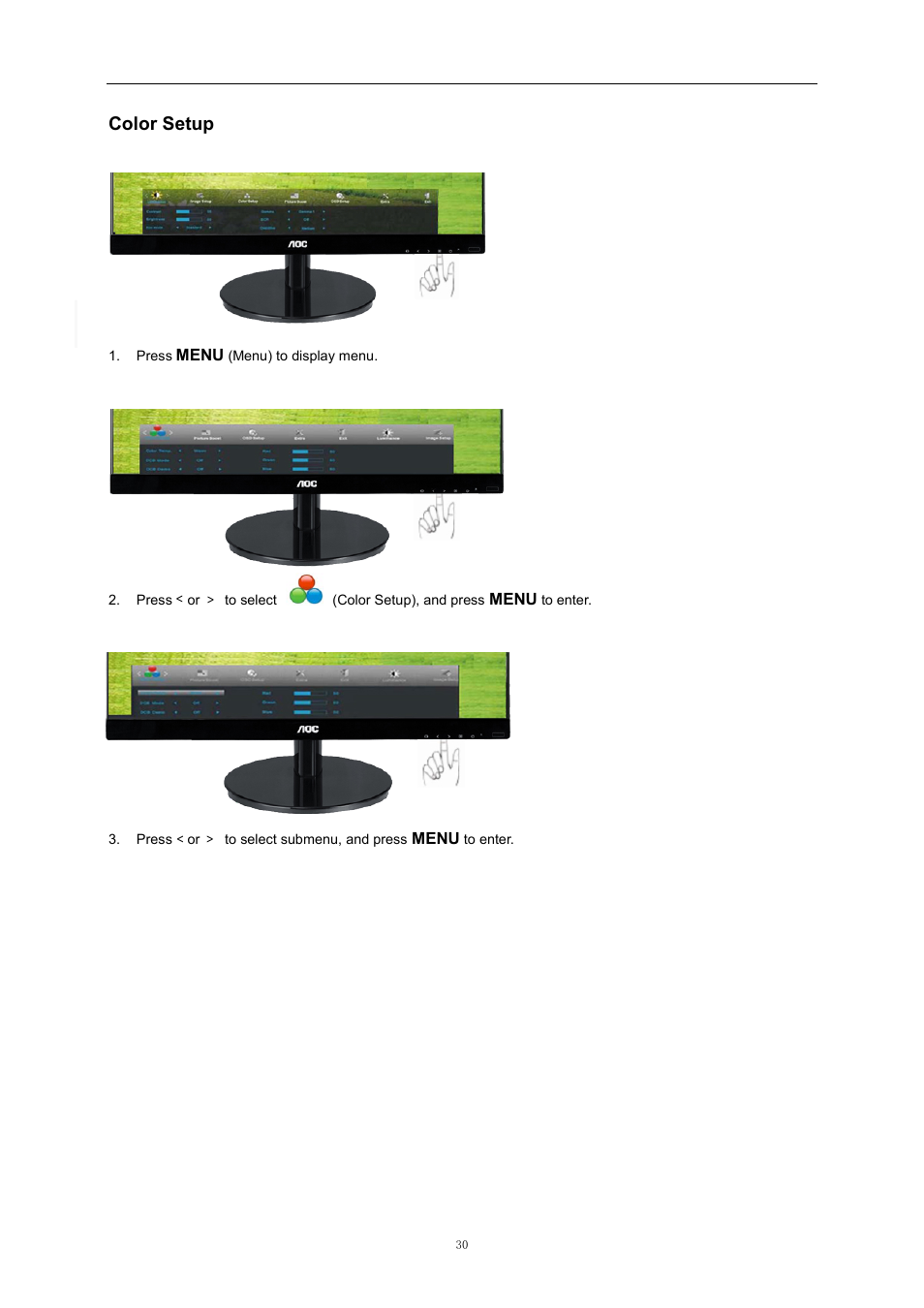 Color setup, Luminanc | AOC i2369Vm User Manual | Page 30 / 72