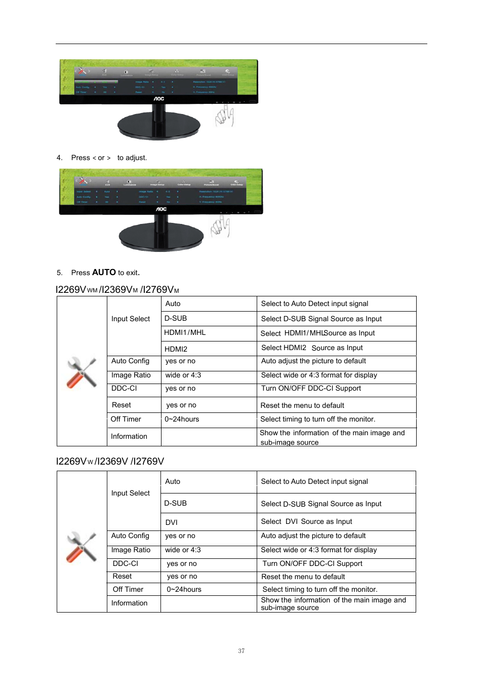 I2269v, I2369v, I2769v | AOC i2369Vm User Manual | Page 37 / 72