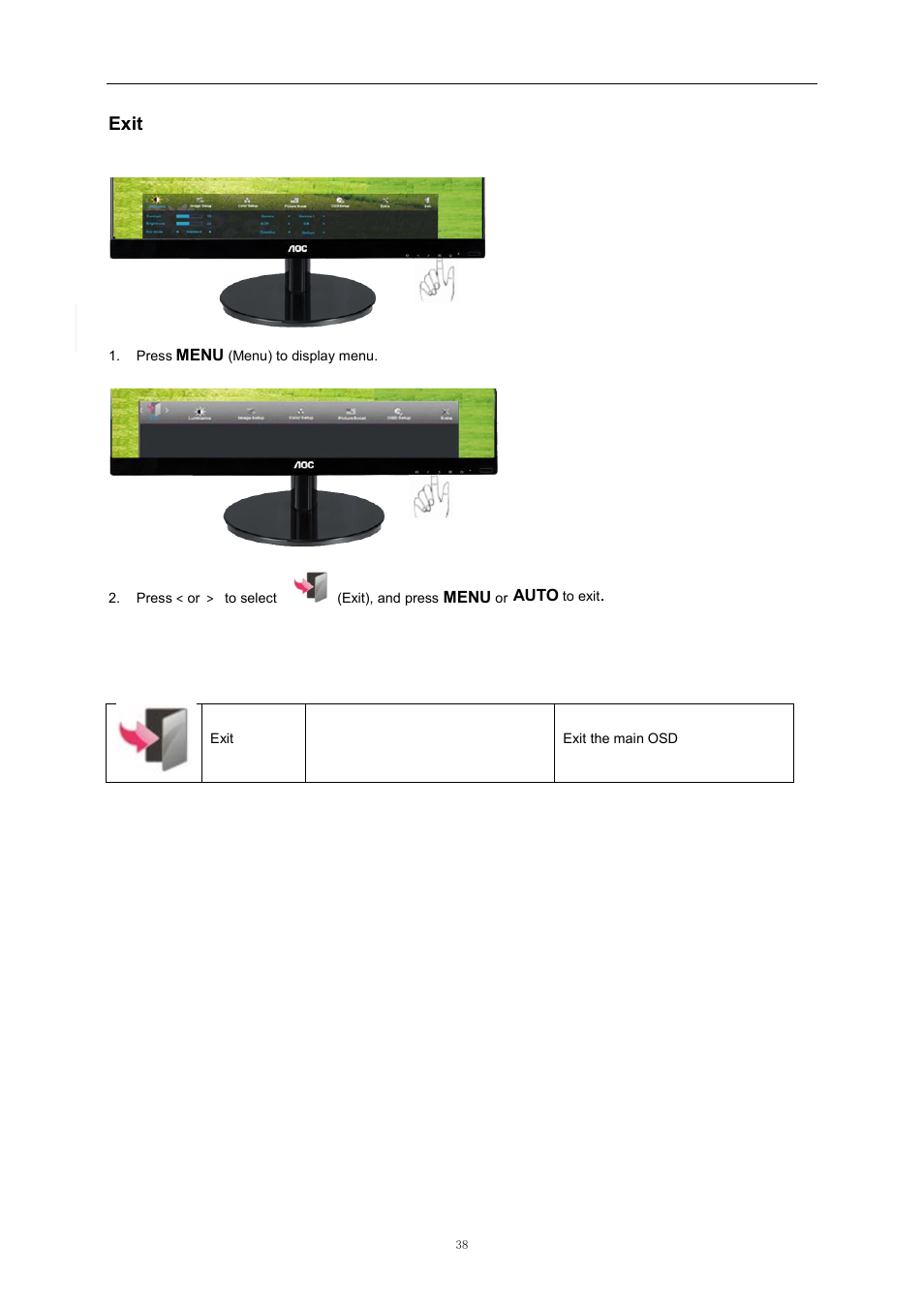 Exit, Osd setup | AOC i2369Vm User Manual | Page 38 / 72