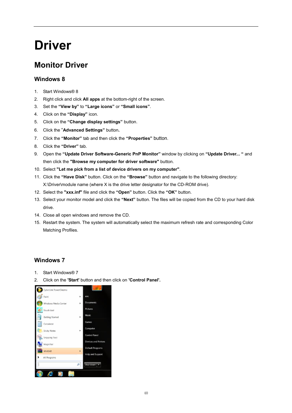 Driver, Monitor driver, Windows 8 | Windows 7 | AOC i2369Vm User Manual | Page 40 / 72