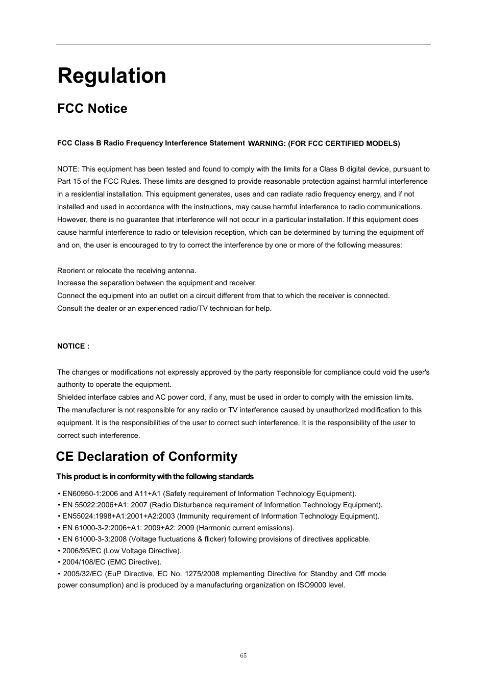 Regulation, Fcc notice, Preset display modes | Pin assignments, Plug and play, Ce declaration of conformity | AOC i2369Vm User Manual | Page 65 / 72