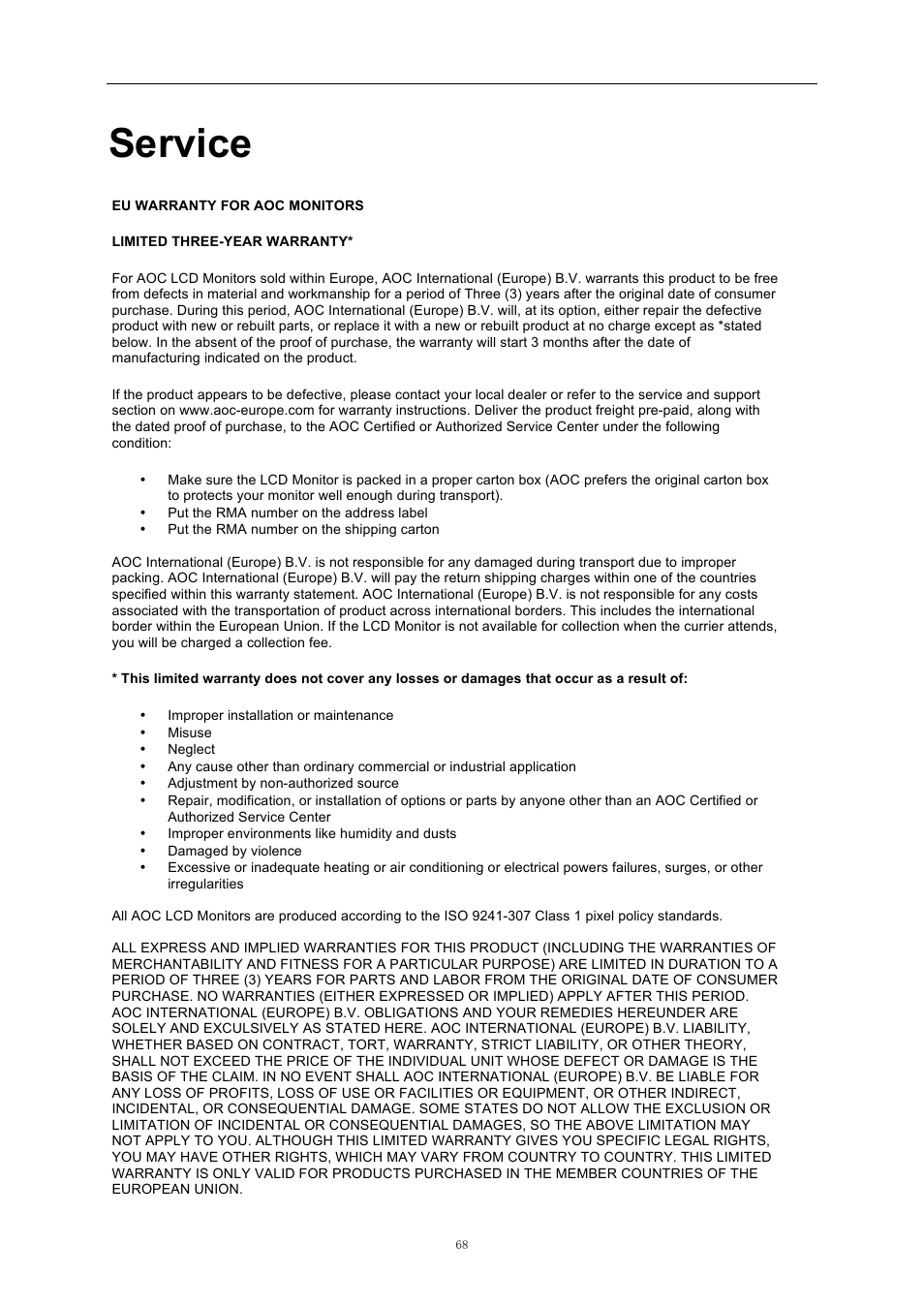 Service, Warranty statement for europe, Fcc notice | Ce declaration of conformity | AOC i2369Vm User Manual | Page 68 / 72