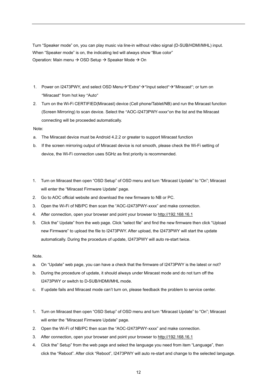 Miracast operation, Speaker mode, Miracast update | Miracast language select | AOC I2473PWM User Manual | Page 12 / 68