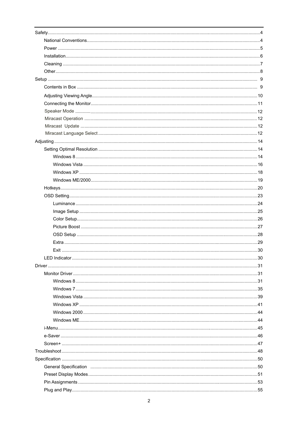 AOC I2473PWM User Manual | Page 2 / 68