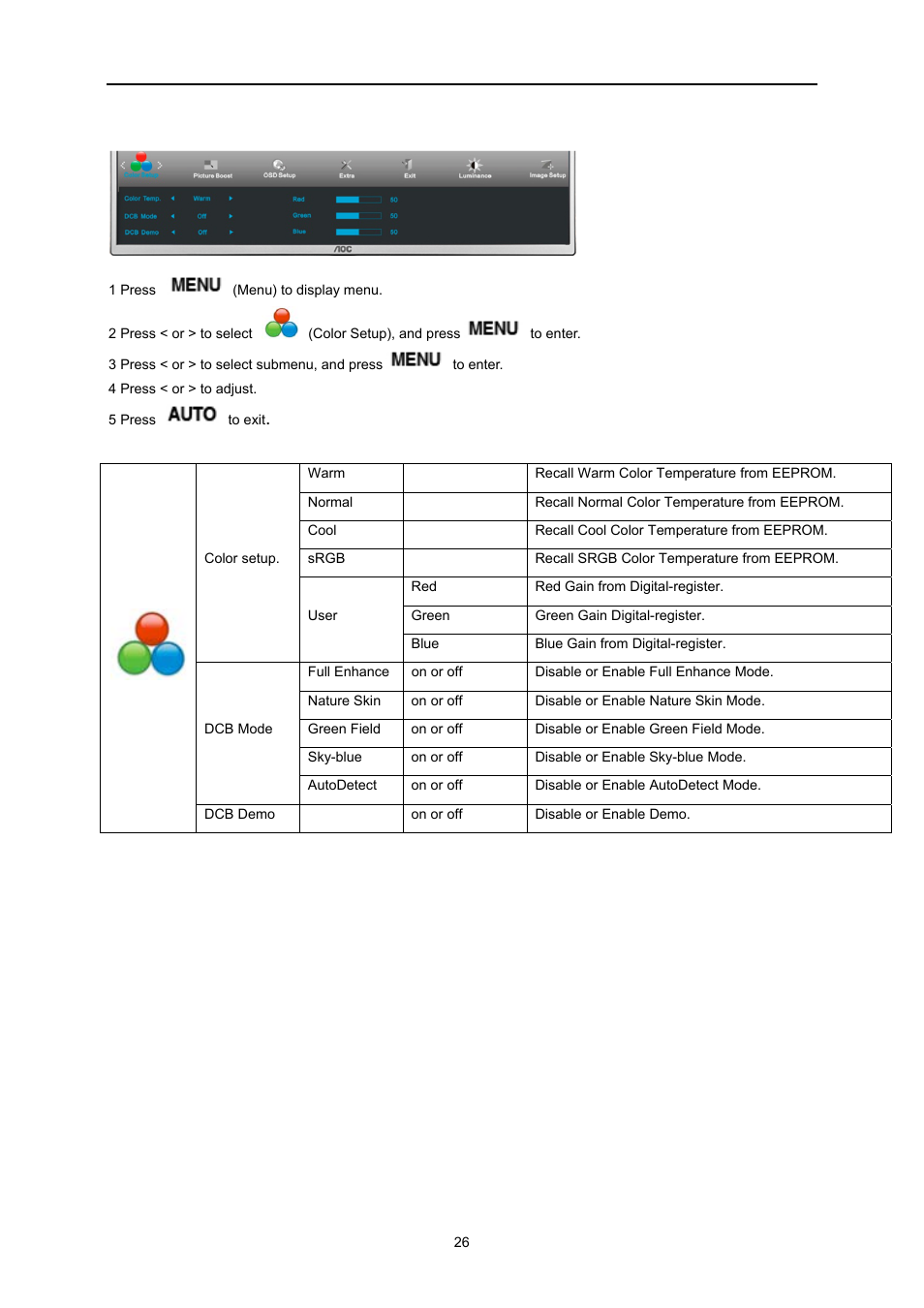 Color setup | AOC I2473PWM User Manual | Page 26 / 68
