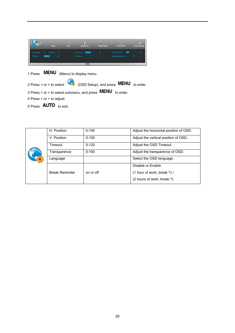 Osd setup | AOC I2473PWM User Manual | Page 28 / 68