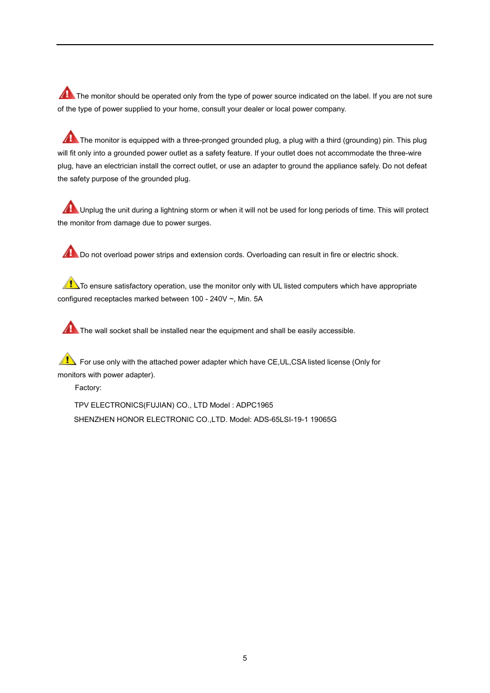 Power | AOC I2473PWM User Manual | Page 5 / 68
