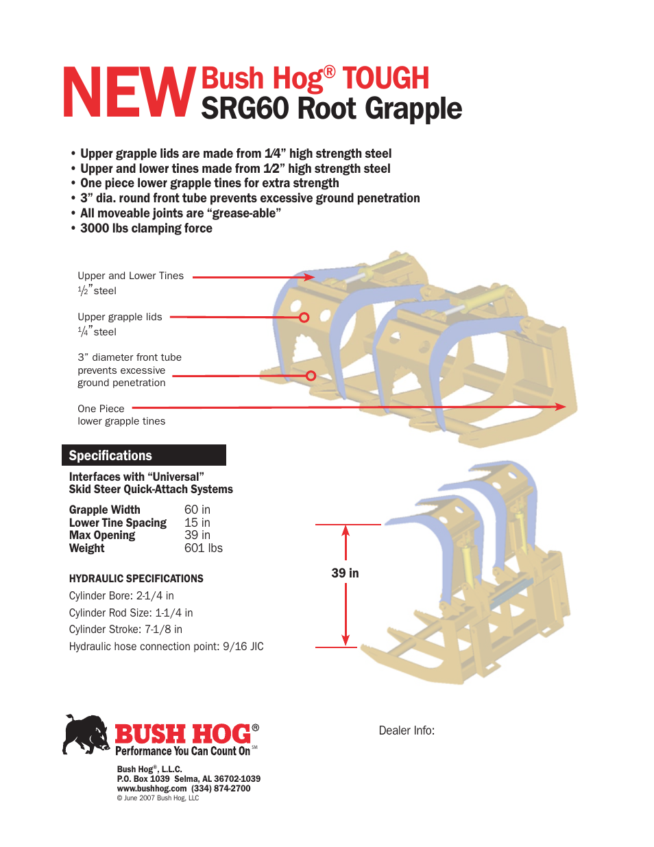 Bush hog, Tough srg60 root grapple | Bush Hog Tough SRG60 User Manual | Page 2 / 2