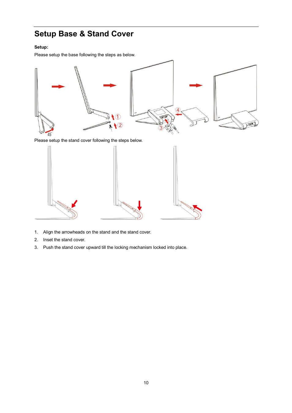 Setup base & stand cover | AOC e2462Vwh User Manual | Page 10 / 58