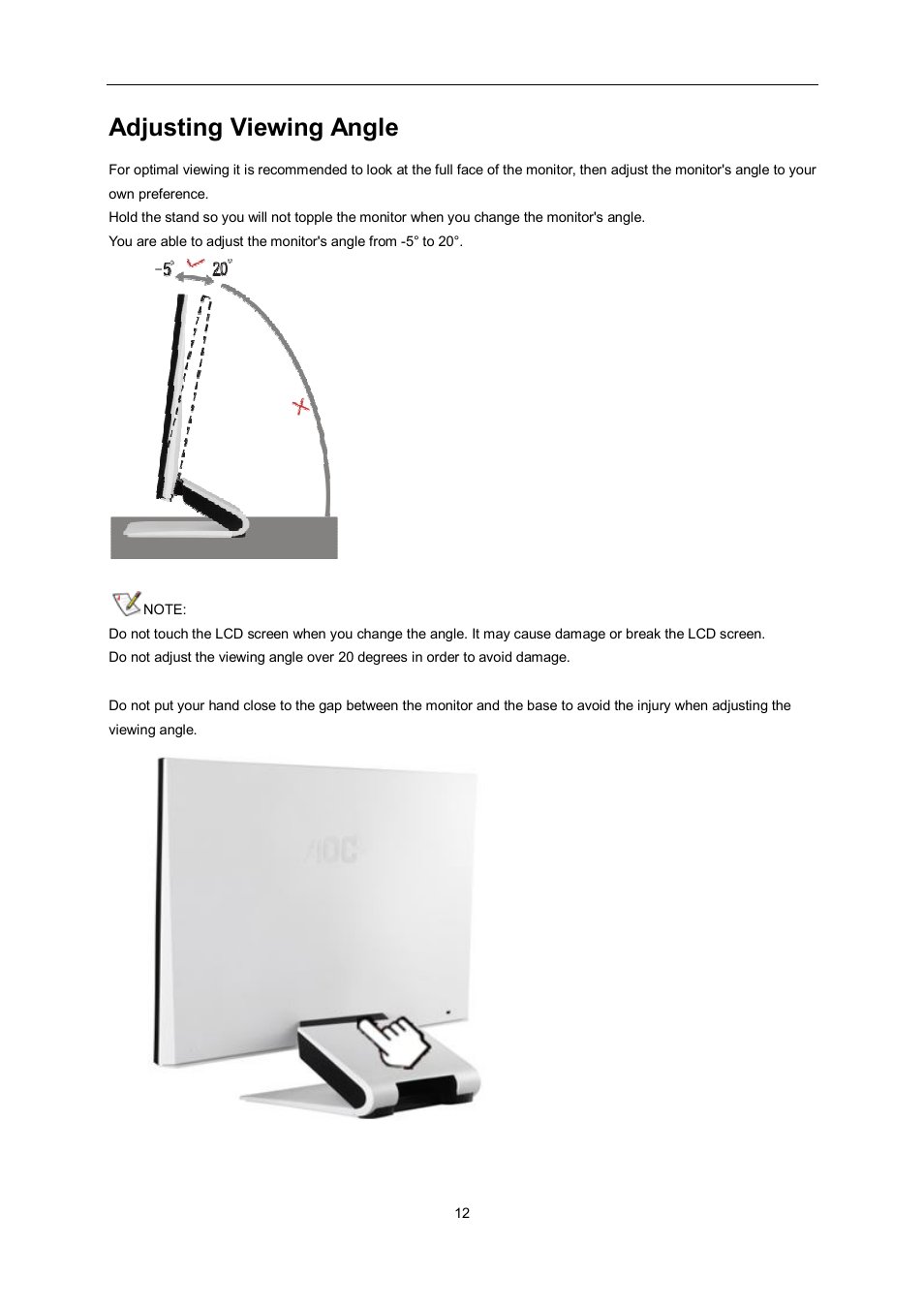 Adjusting viewing angle | AOC e2462Vwh User Manual | Page 12 / 58